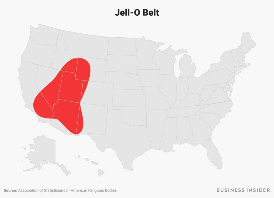 The Jell-O Belt region is highlighted in bright red on a US map.