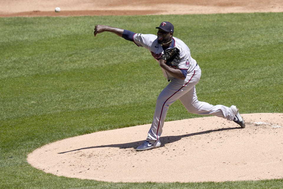 Minnesota Twins starting pitcher Michael Pineda delivers the first pitch of the first inning to Chicago White Sox' Tim Anderson during a baseball game in Chicago, Thursday, May 13, 2021. Anderson hit the first pitch for a home run. (AP Photo/Charles Rex Arbogast)