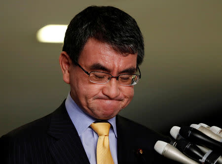 Japanese Foreign Minister Taro Kono speaks to media after a meeting with South Korean ambassador to Japan Lee Su-hoon (not pictured) at the Foreign Ministry in Tokyo, Japan October 30, 2018. REUTERS/Issei Kato