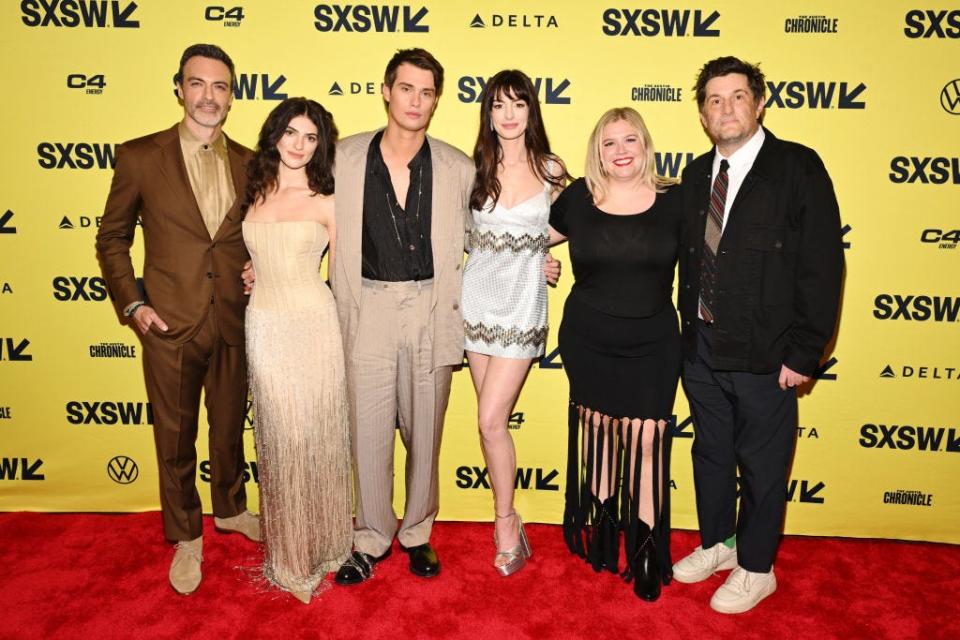 Reid Scott, Ella Rubin, Nicholas Galitzine, Anne Hathaway, Claudette Godfrey, and Michael Showalter on red carpet