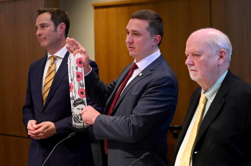 Mayor Oleksandr Kodola from Nizhyn, Ukraine, presents gifts of thanks to State College Mayor Ezra Nanes and the community on Wednesday, May 3, 2023. Kodola and State College mayor Ezra Nanes signed a memorandum of understanding to be sister cities.