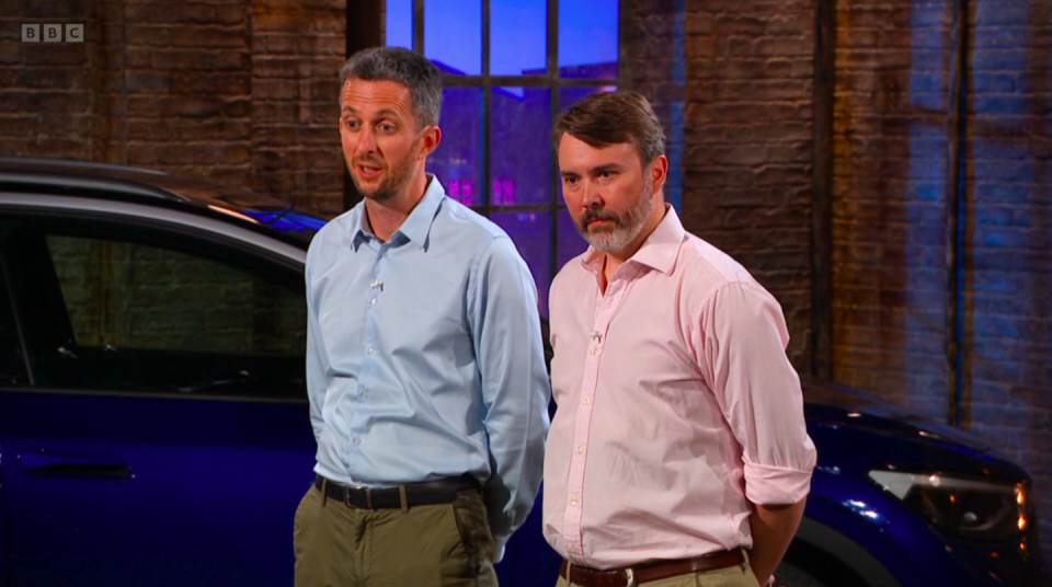 The Dragons welcomed Mike and Ben to pitch their electric car charging port. (BBC)