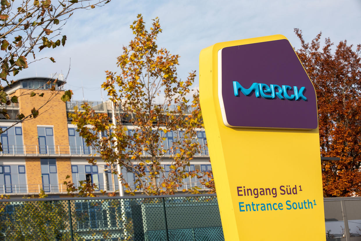 DARMSTADT, GERMANY - NOVEMBER 22: (BILD ZEITUNG OUT) Headquarters of the Merck company in Darmstadt is seen. In front of the south entrance there is an outdoor advertising with the logo of the Merck company on it on November 22, 2019 in Darmstadt, Germany. (Photo by TF-Images/Getty Images)