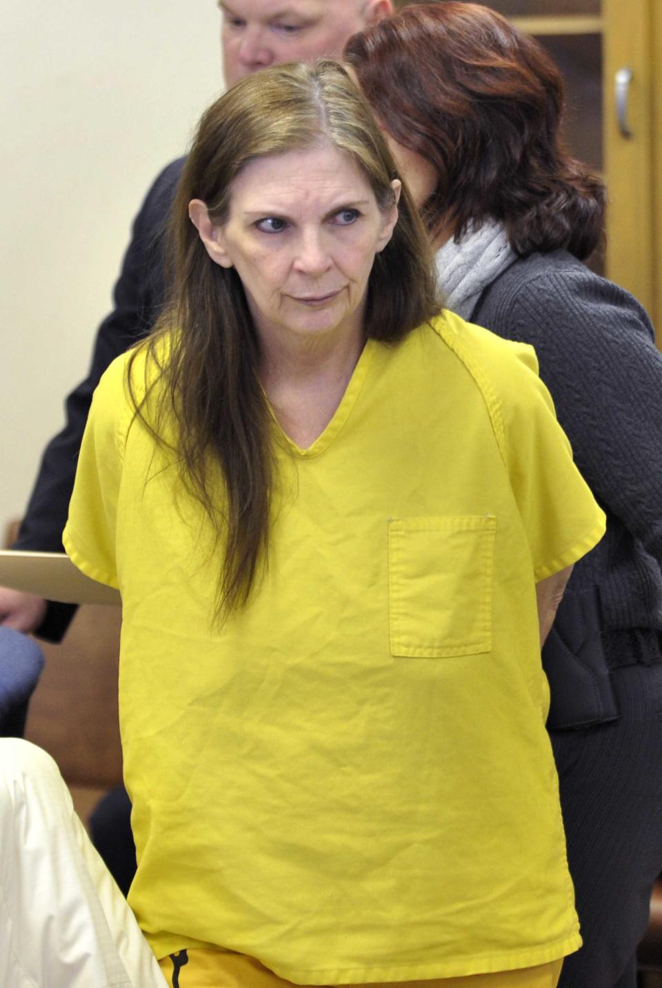 Defendant Donna Scrivo looks towards the courtroom. at her arraignment at 40th District Court in St. Clair Shores, Mich., on Feb. 3, 2014. Scrivo is charged with mutilating and illegally removing a corpse after her 32-year-old son's body parts were found in bags along two rural roadways. (AP Photo/Detroit News, Robin Buckson) DETROIT FREE PRESS OUT; HUFFINGTON POST OUT