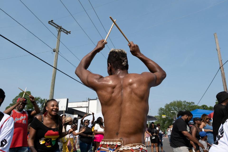 Adrian "Flexx" Couch hypes the crowd up during a block party to mark Juneteenth, which commemorates the end of slavery in Texas, over two years after the 1863 Emancipation Proclamation freed slaves elsewhere in the U.S., in Nashville, Tennessee, U.S., June 17, 2023. 