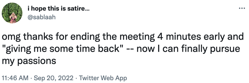 oh my god thanks for ending the meeting 4 minutes early and giving me some time back, now i can finally pursue my passions