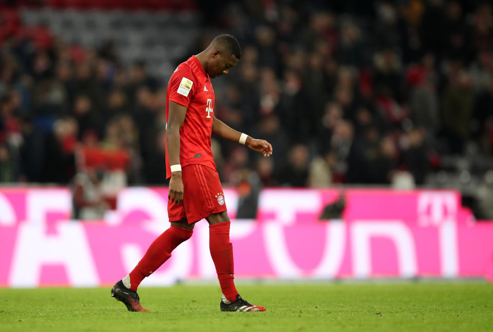 MUNICH, GERMANY - FEBRUARY 09: David Alaba of Bayern Munich walks off the pitch dejected after the Bundesliga match between FC Bayern Muenchen and RB Leipzig at Allianz Arena on February 09, 2020 in Munich, Germany. (Photo by Christian Kaspar-Bartke/Bongarts/Getty Images)