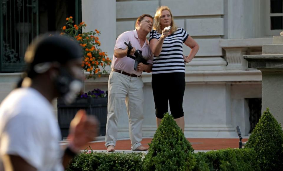 <div class="inline-image__caption"><p>Armed homeowners Mark and Patricia McCloskey confronted peaceful protesters marching against police brutality and system racism in St. Louis, June 28, 2020.</p></div> <div class="inline-image__credit">Laurie Skrivan/St. Louis Post-Dispatch via AP</div>