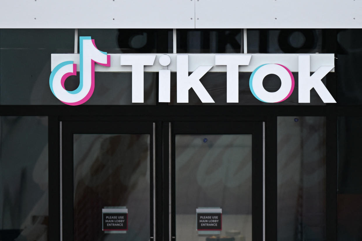 The TikTok logo is displayed on signage outside TikTok social media app company offices in Culver City, California, on March 16, 2023. - China urged the United States to stop 