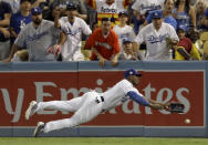 <p>Los Angeles Dodgers right fielder Yasiel Puig can’t get a glove on a double by Houston Astros’ Alex Bregman during the eighth inning of Game 2 of baseball’s World Series Wednesday, Oct. 25, 2017, in Los Angeles. (AP Photo/Matt Slocum) </p>