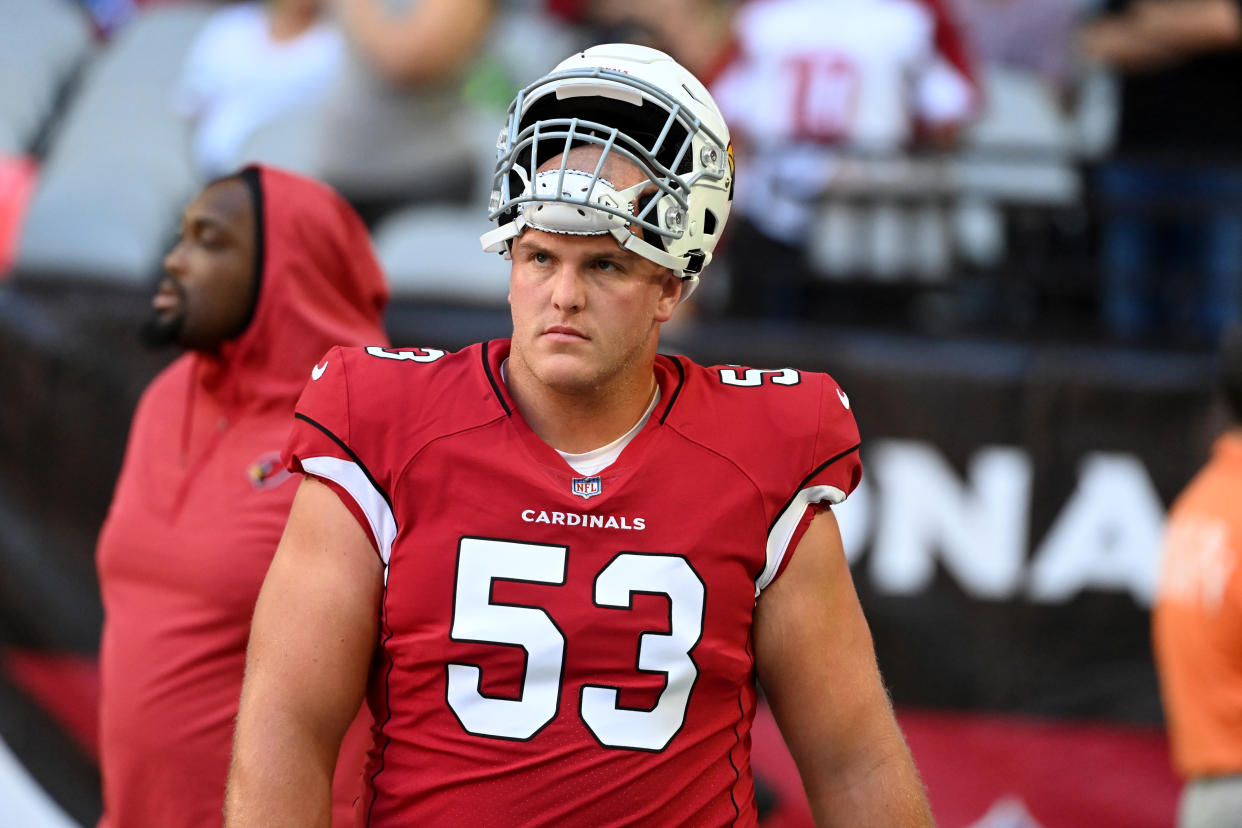 GLENDALE, ARIZONA - NOVEMBER 06: Billy Price #53 of the Arizona Cardinals prepares for a game against the Seattle Seahawks at State Farm Stadium on November 06, 2022 in Glendale, Arizona. (Photo by Norm Hall/Getty Images)