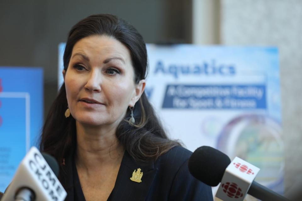 Regina Mayor Sandra Masters takes question from media after announcing $128 million in federal, provincial and municipal funding for the construction of a new aquatic centre and an accompanying geo-thermal heating facility on March 7, 2024. 