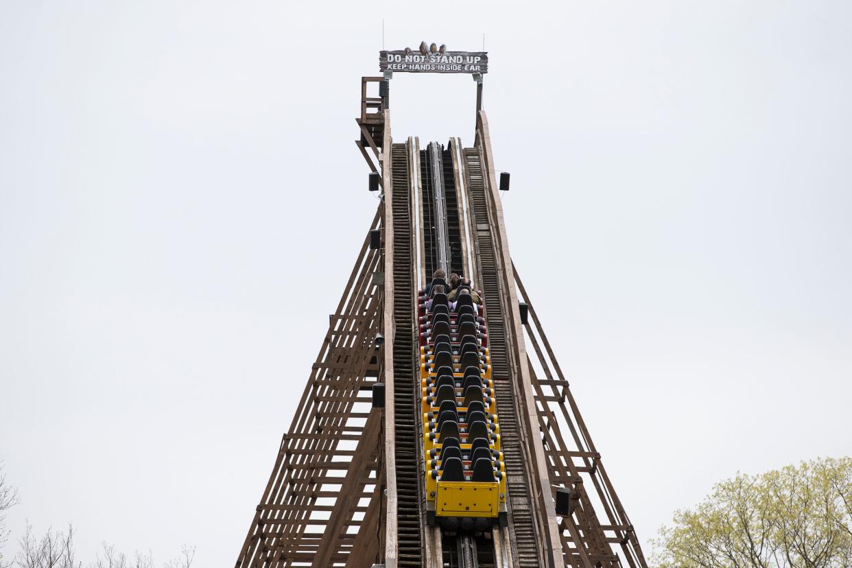 Members of the local media ride the Beast at Kings Island Wednesday, April 17, 2019. Kings Island is celebrating the 40th anniversary of the Beast. Kings Island opens to the public for the 2019 season on Saturday.  