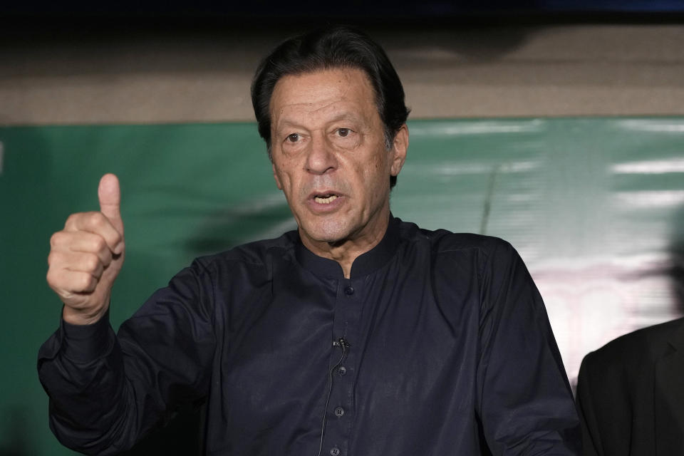 Pakistan's former Prime Minister Imran Khan speaks during a news conference at his home, in Lahore, Pakistan, Thursday, May 18, 2023. Pakistani police kept up their siege around the home of Khan as a 24-hour deadline given to the former premier to hand over suspects allegedly sheltered inside expired on Thursday. (AP Photo/K.M. Chaudary)