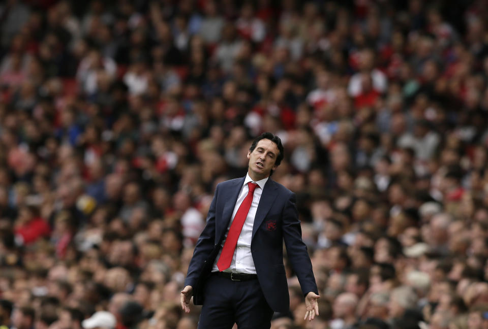 Arsenal manager Unai Emery reacts during the English Premier League soccer match between Arsenal and Manchester City at the Emirates stadium in London, England, Sunday, Aug. 12, 2018. (AP Photo/Tim Ireland)