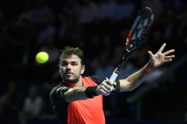 Switzerland's Stan Wawrinka returns the ball during a tennis match at the Swiss Indoors tournament on October 25, 2016 in Basel