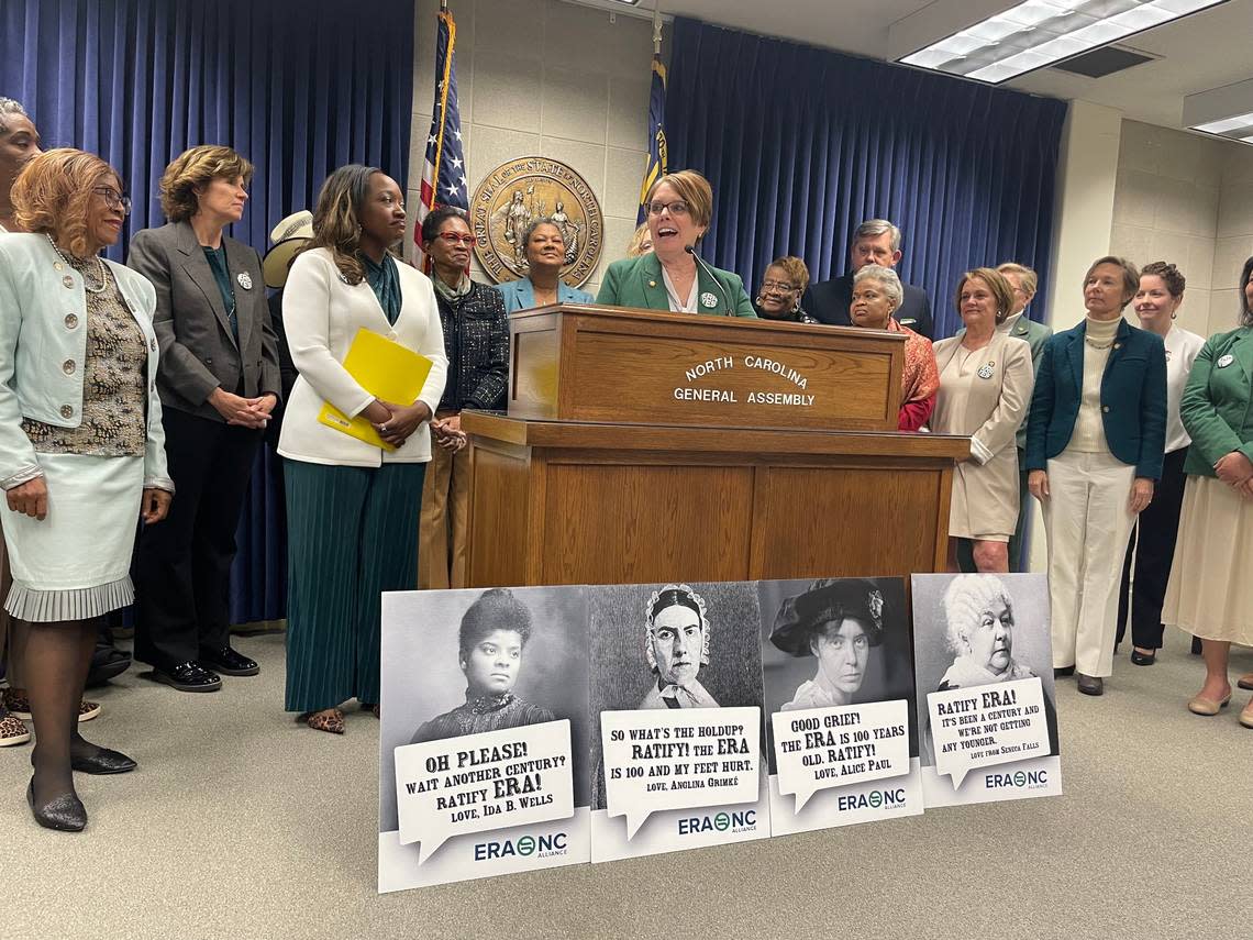 Supporters of North Carolina ratifying the Equal Rights Amendment hold a press conference at the Legislative Building in Raleigh on March 8, 2023.