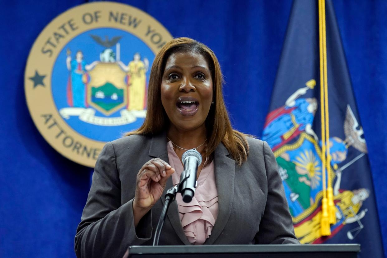 New York Attorney General Letitia James addresses a news conference at her office, in New York, Friday, May 21, 2021.