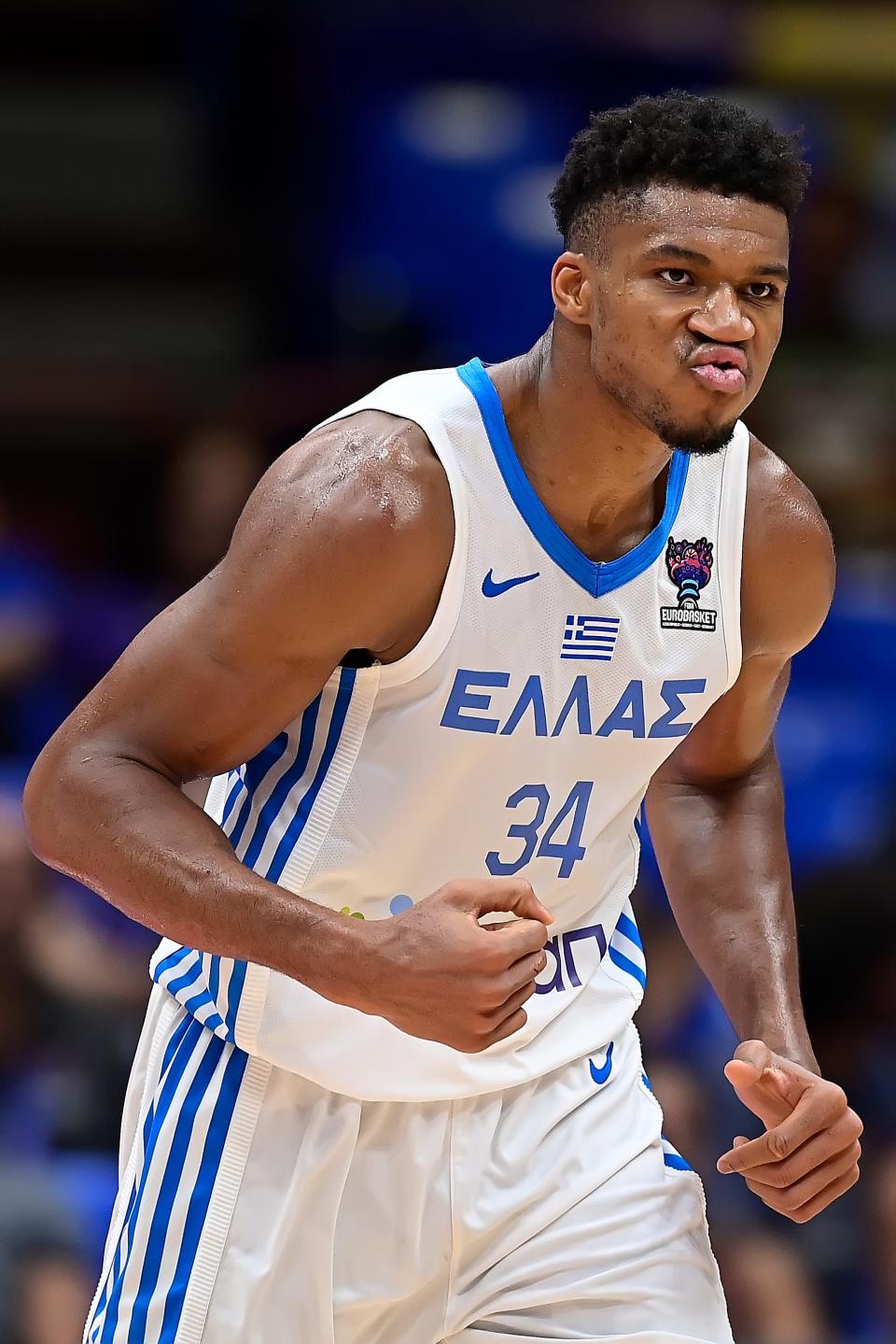 Giannis Antetokounmpo of Greece gestures during the FIBA EuroBasket 2022 group C match between Greece and Ukraine at Forum di Assago on Sept. 6, 2022, in Milan, Italy.