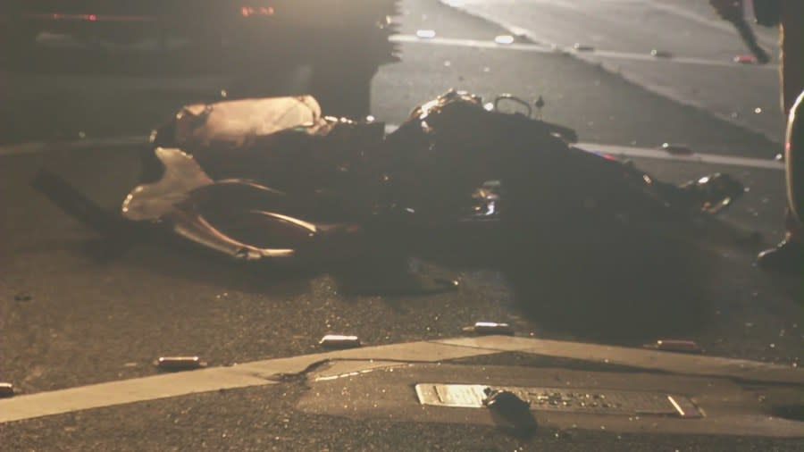 One person was killed and five others hurt after a violent crash on the 10 Freeway in Los Angeles early Sunday morning, CHP said. (KTLA)