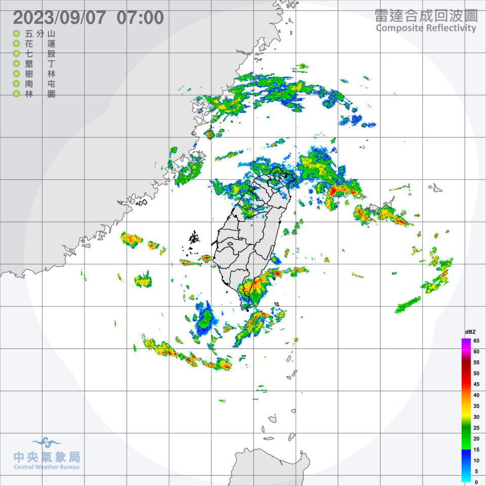 全台持續籠罩在滯留中國廣東海面的低氣壓範圍，今天部分地區仍有局部短暫陣雨或雷雨的降雨機率。   圖：中央氣象局／提供