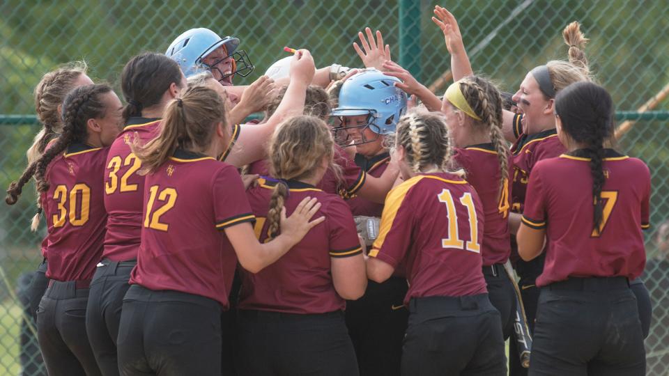 Haddon Heights' Sophia Bordi, center, is congratulated by her teammates after Bordi hit her third home run of the game during the South Jersey Group 2 softball championship between Haddon Heights and Cedar Creek played at Cedar Creek High School on Thursday, May 26, 2022.  Haddon Heights defeated Cedar Creek, 8-0.