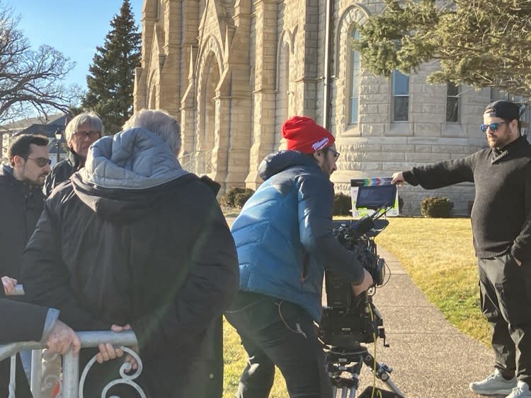 Filming outside Sacred Heart Cathedral on Feb. 13, 2024. “The Backyard” is expected to be released by June 1.