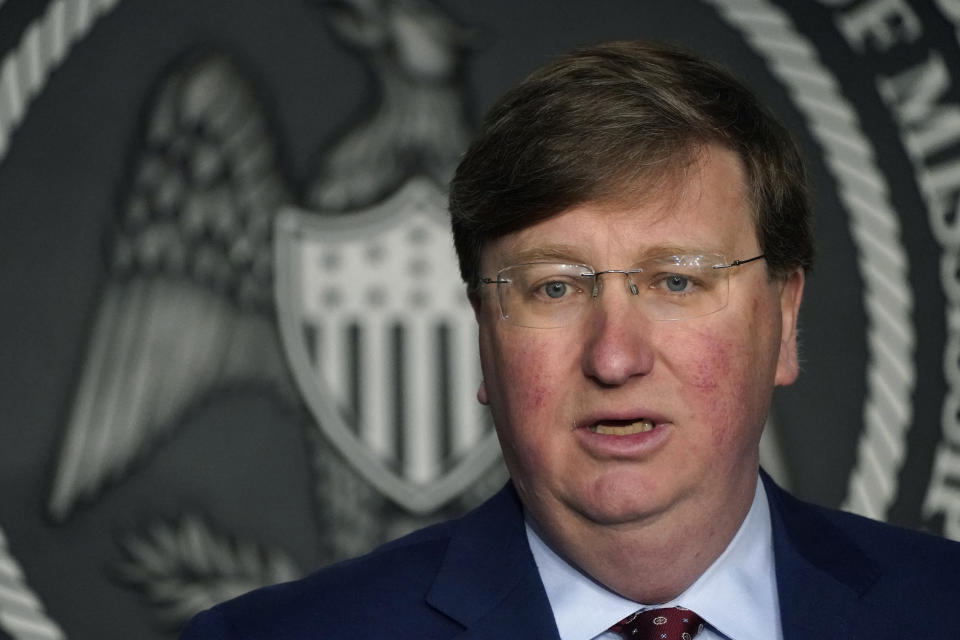 FILE - Mississippi Republican Gov. Tate Reeves speaks about his signing of House Bill 1125, banning gender-affirming care in the state for anyone younger than 18, during news conference, Tuesday, Feb. 28, 2023, in Jackson, Miss. The sponsor of the bill denied in a conversation with Associated Press reporters this year that he used model legislation or consulted with a specific group, saying that his constituents raised concerns and that legislative attorneys helped craft the language. (AP Photo/Rogelio V. Solis, File)