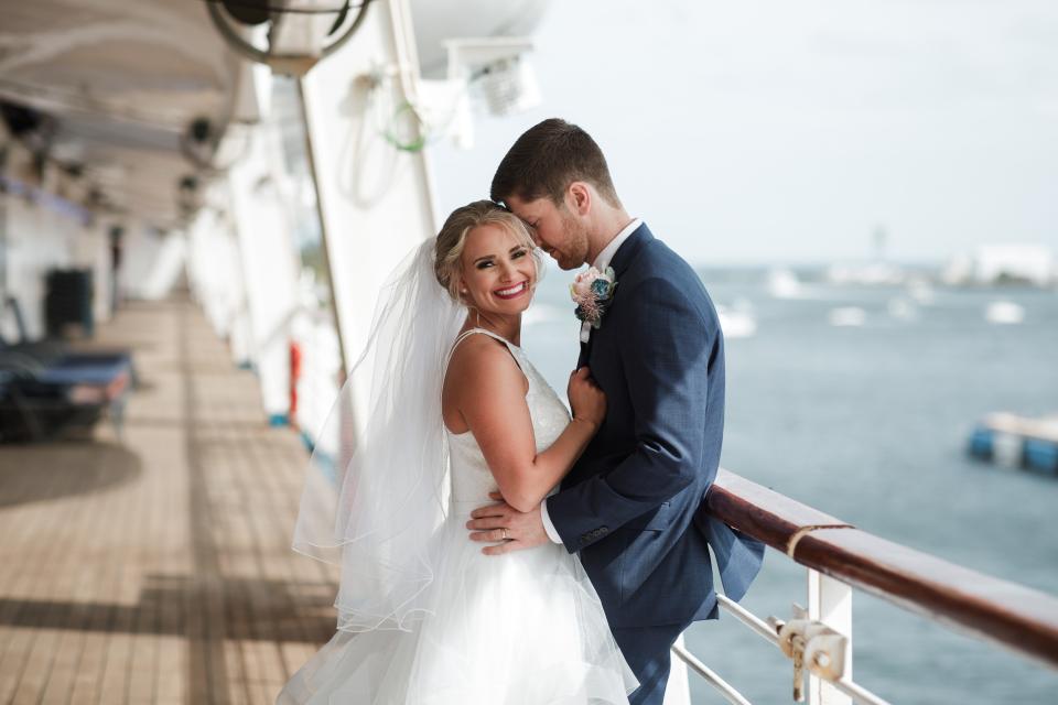 Macy Reeves and her husband, Michael, married on board Carnival Cruise Line's Carnival Sunrise ship on Feb. 8, 2020. At the time of the ceremony, the ship was docked in Fort Lauderdale, Florida.