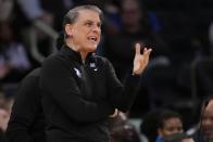 DePaul interim coach Matt Brady reacts during the first half of the team's NCAA college basketball game against Villanova in the first round of the Big East Conference men's tournament Wednesday, March 13, 2024, in New York. (AP Photo/Mary Altaffer)