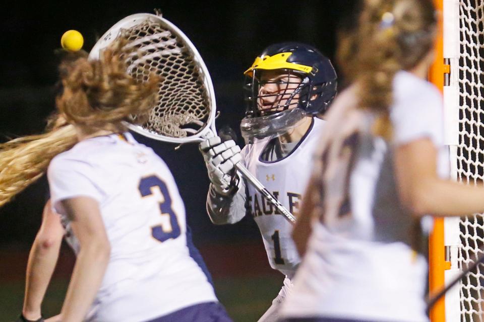 Barrington goalie Audrey Keefe keeps her eye on the ball as she makes a save late in the second half of the Eagles' win over South Kingstown on Wednesday.