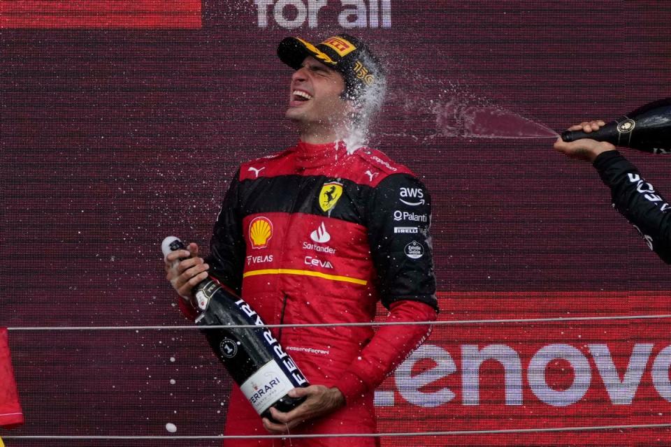 Carlos Sainz celebrates winning the British Grand Prix (AP)