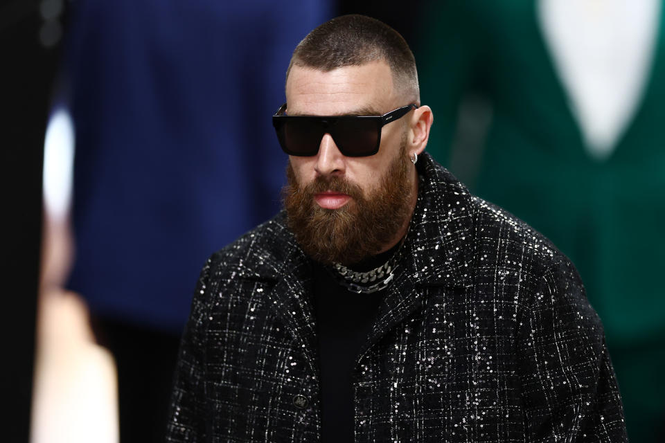 LAS VEGAS, NEVADA - FEBRUARY 11: Travis Kelce #87 of the Kansas City Chiefs arrives before Super Bowl LVIII at Allegiant Stadium on February 11, 2024 in Las Vegas, Nevada. (Photo by Tim Nwachukwu/Getty Images)