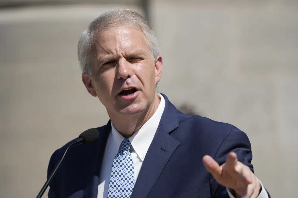 Northern District Public Service Commissioner Brandon Presley, a candidate for the Democratic nomination for Mississippi governor, speaks a news conference Tuesday, May 16, 2023, at the Mississippi Capitol in Jackson, Miss. (AP Photo/Rogelio V. Solis)