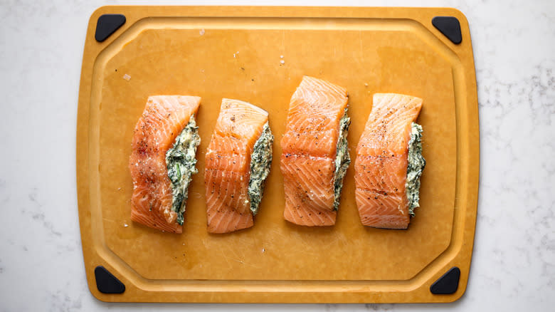 stuffed salmon fillets on board