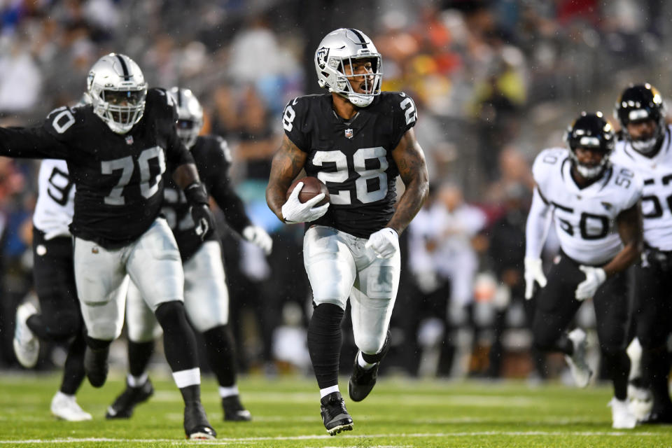 Raiders running back Josh Jacobs will be tougher for fantasy managers to trust as the season moves on, but is an easy start in Week 1. (Photo by Nick Cammett/Diamond Images via Getty Images)