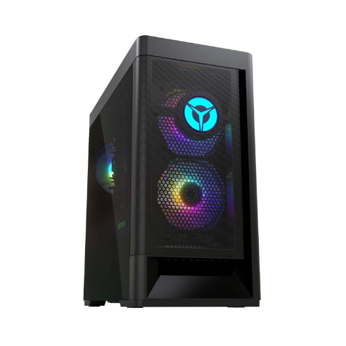 black lenovo legion desktop tower against white background