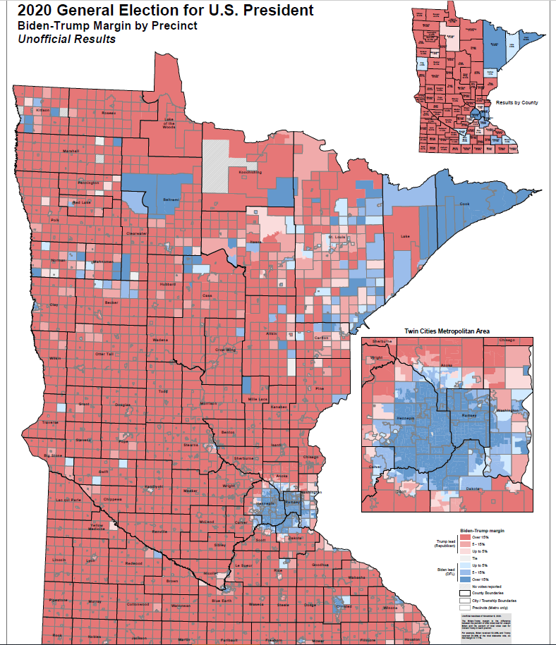 A map of the early 2020 results in the race for president, precinct by precinct in Minnesota.