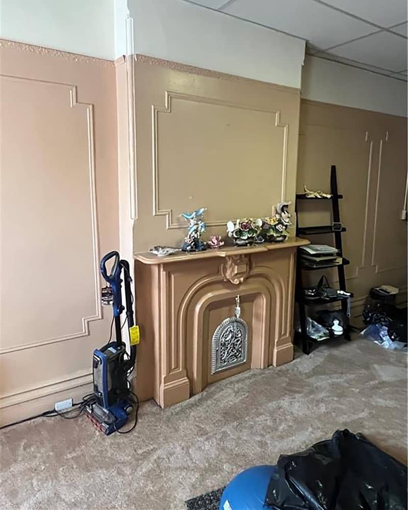 Fireplace in carpeted living room before renovation.