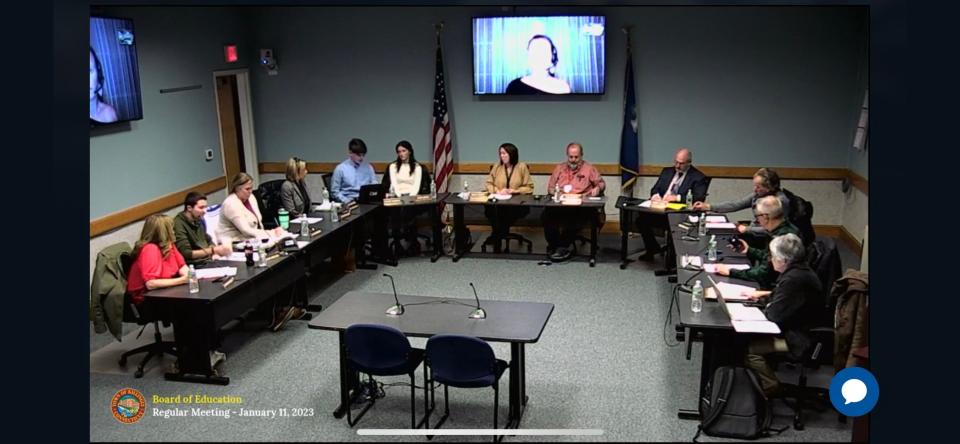 Killingly's Board of Education censured member Susan Lannon, seen on a video screen above, at their Jan. 11 meeting.