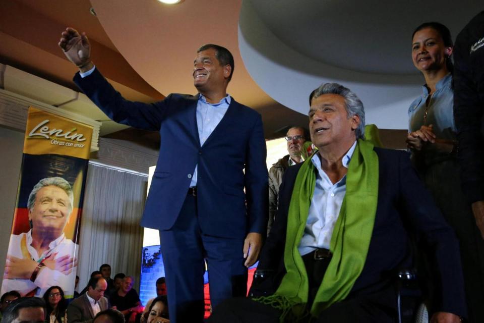 Controversy: Presidential candidate Lenin Moreno with President Rafael Correa (left) whilst waiting for the election results (REUTERS)