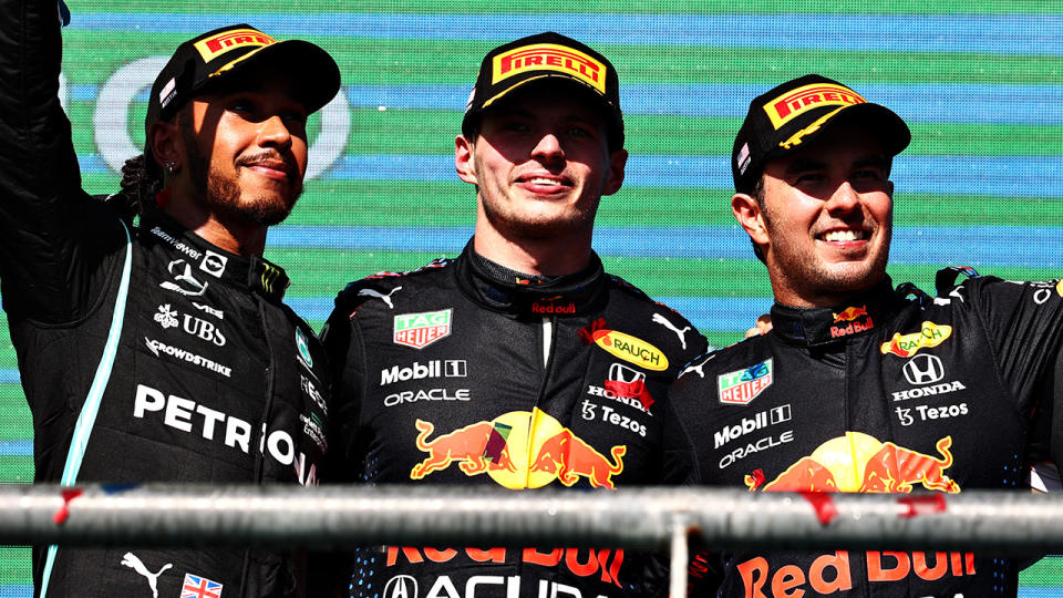 Lewis Hamilton, Max Verstappen and Sergio Perez, pictured here on the podium after the United States Grand Prix.
