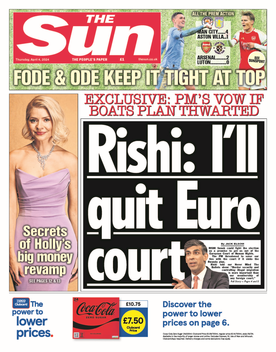 The Sun front page. The headline reads: Rishi: I'll quit Euro court