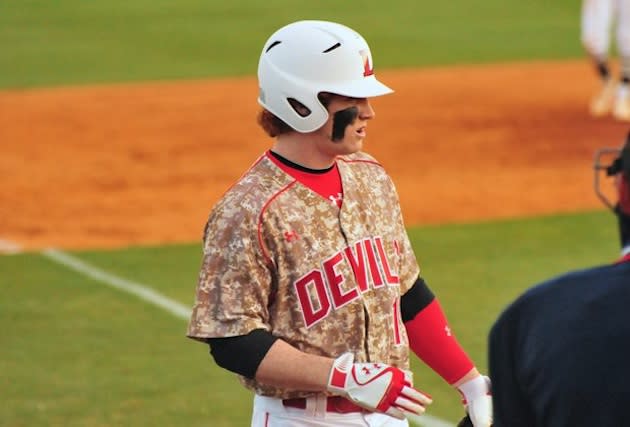 Clint Frazier #19 of Loganville High School in Loganville, Georgia playing  for the Atlanta Braves scout team during the East Coast Pro Showcase at  Alliance Bank Stadium on August 1, 2012 in