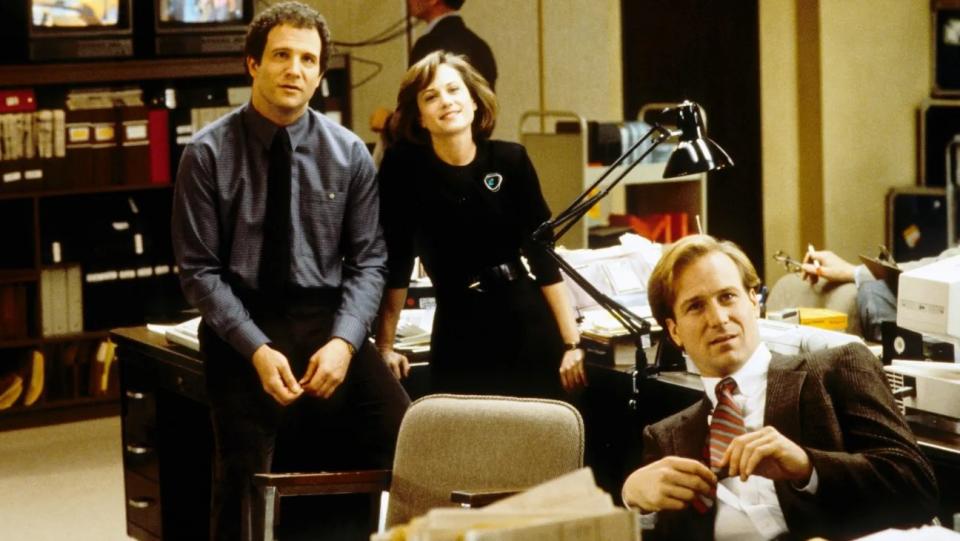 Albert Brooks, Holly Hunter, and William Hurt in Broadcast News.