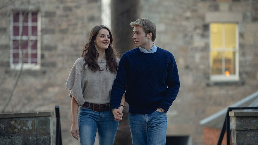 meg bellamy and ed mcvey as prince william and kate middleton in the second part of the crown’s final season