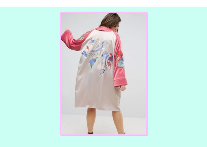 <p>These light layers come in charming prints and flowing fabrics, from satin to sheer. Kimonos look great over shorts and a tank or a solid bodysuit and heels for a sleeker look.<br>ASOS Curve Premium Kimono, $127, <a rel="nofollow noopener" href="http://us.asos.com/asos-curve/asos-curve-premium-kimono-with-bird-and-floral-embroidery/prd/7852797?iid=7852797&clr=Multi&SearchQuery=curve%20kimono&pgesize=22&pge=0&totalstyles=22&gridsize=3&gridrow=4&gridcolumn=3" target="_blank" data-ylk="slk:ASOS;elm:context_link;itc:0;sec:content-canvas" class="link ">ASOS </a> </p>
