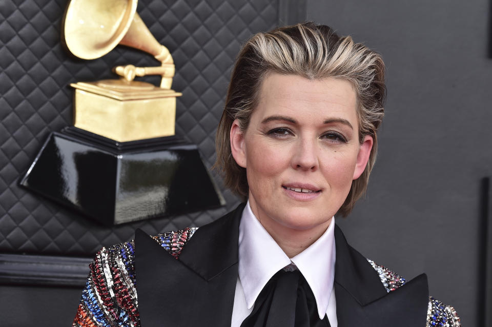 FILE - Brandi Carlile appears at the 64th Annual Grammy Awards on April 3, 2022, in Las Vegas. Carlile is nominated for seven Grammy Awards. The 2023 Grammy Awards will air live Sunday, Feb. 5. (Photo by Jordan Strauss/Invision/AP)