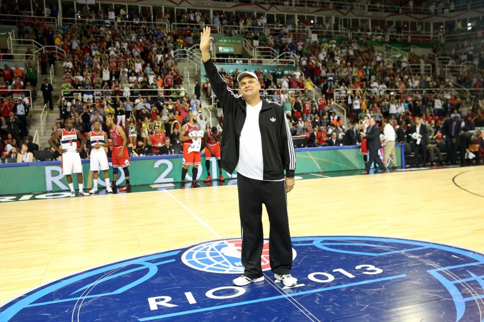 Brazilian basketball legend Oscar Schmidt is introduced prior to the 2013 Global Games. (Getty)