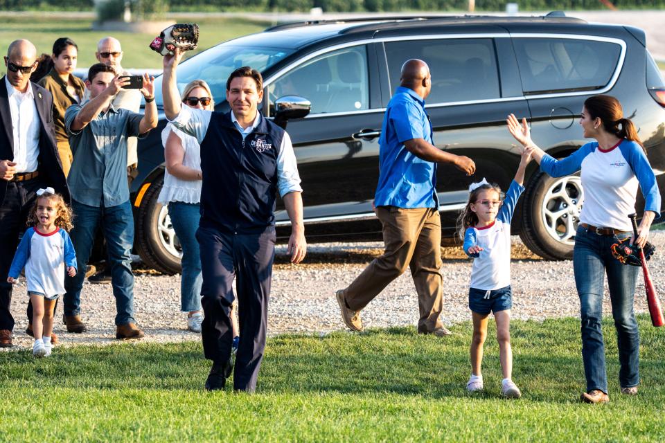 Gov. Ron DeSantis arrives with his wife Casey and three children for an event at the Field of Dreams movie site on Thursday, August 24, 2023 in Dyersville.